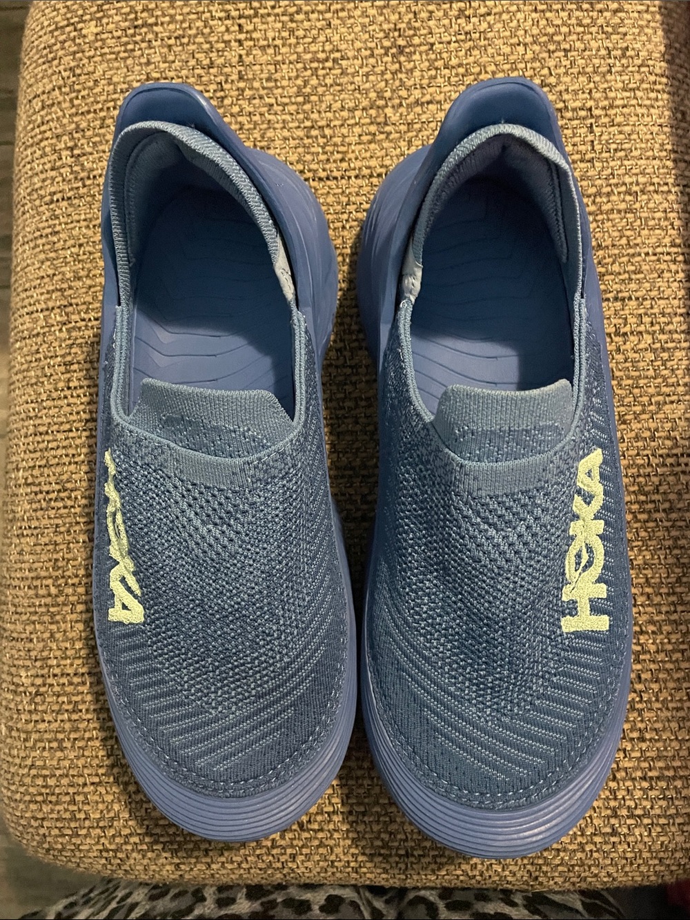 Hoka Royal Blue Slip-On Knit Sneakers with Light Green Logo